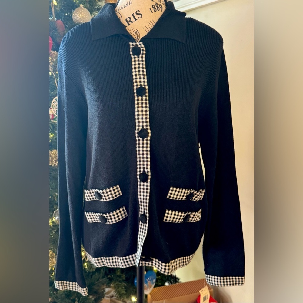 Marisa Christina Knits Vintage Y2K Black Houndstooth Trim Cardigan Medium NWT